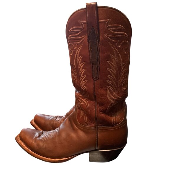 Lucchese Handmade Brown Leather Cowboy Boots Square Toe Mens Sz 10 USA - Picture 7 of 13